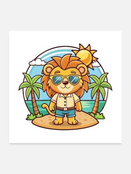 Löwe Lustige Cartoon Sommer Strand Sonnenbrille - Poster 60x60 cm - Weiß - Vorne