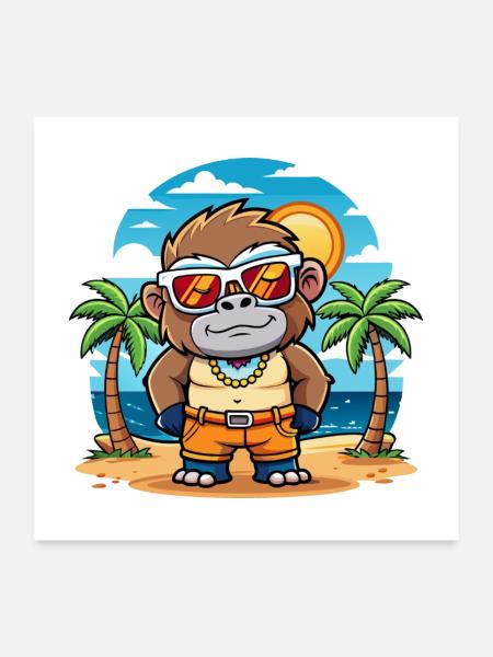 Gorilla Lustige Cartoon Sommer Strand Sonnenbrille - Poster 60x60 cm - Weiß - Vorne