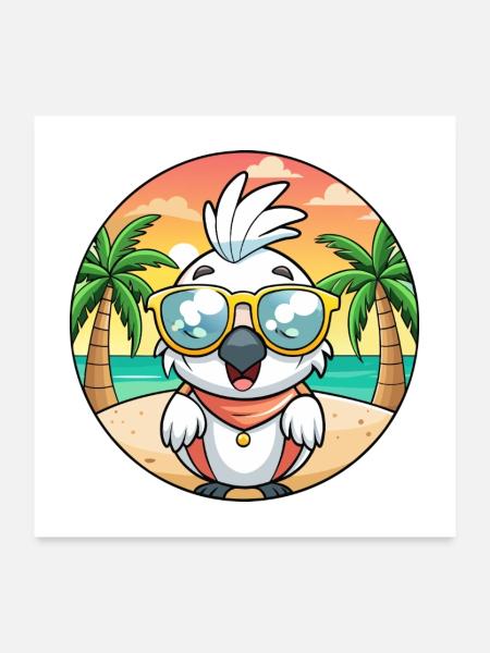 Kakadu Lustige Cartoon Sommer Strand Sonnenbrille - Poster 60x60 cm - Weiß - Vorne