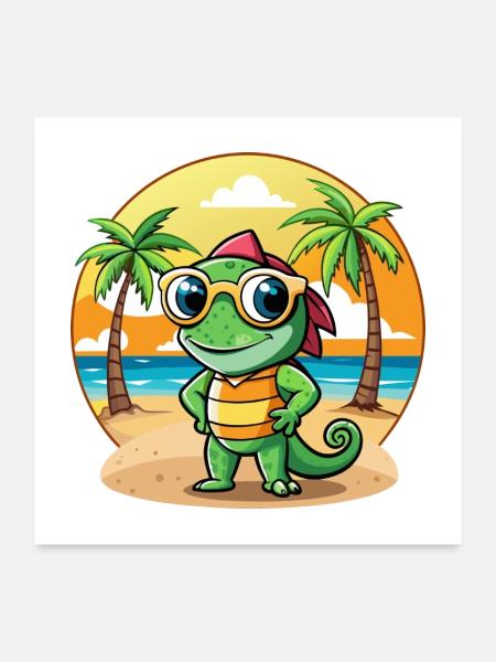 Chamäleon Lustige Cartoon Sommer Strand Sonnenbrille - Poster 60x60 cm - Weiß - Vorne
