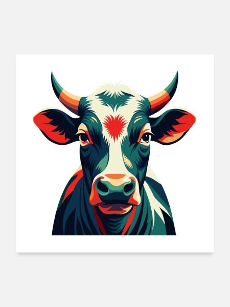 Kuh Cartoon Figur Buntes Haustier Tier - Poster 60x60 cm - Weiß - Vorne