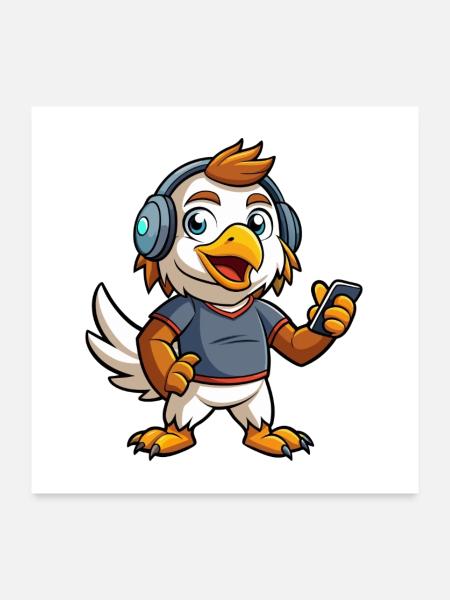 Eagle Funny Cartoon Character Musique de casque - Poster 60 x 60 cm - blanc - Devant