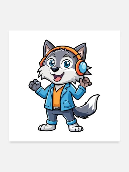 Wolf Lustige Zeichentrickfigur Kopfhörer Musik - Poster 60x60 cm - Weiß - Vorne