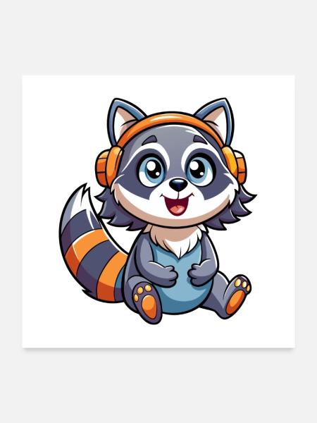 Waschbär Lustige Zeichentrickfigur Kopfhörer Musik - Poster 60x60 cm - Weiß - Vorne