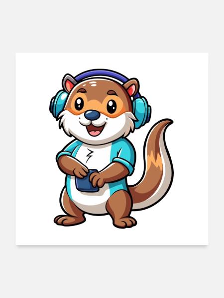 Otter Lustige Zeichentrickfigur Kopfhörer Musik - Poster 60x60 cm - Weiß