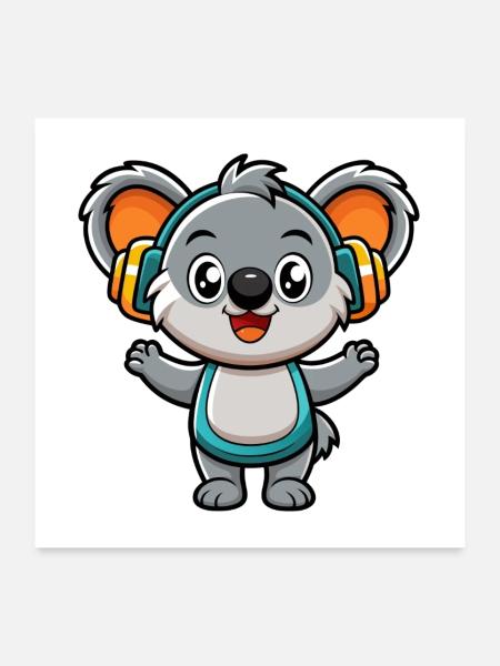 Koala Lustige Zeichentrickfigur Kopfhörer Musik - Poster 60x60 cm - Weiß - Vorne
