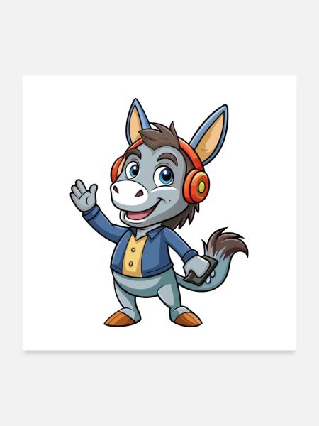 Esel Lustige Cartoon Figur Kopfhörer Musik - Poster 60x60 cm - Weiß - Vorne