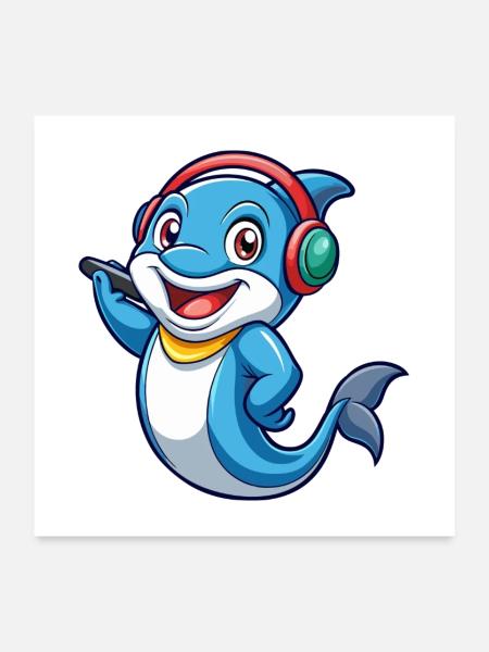 Delfin Lustige Zeichentrickfigur Kopfhörer Musik - Poster 60x60 cm - Weiß - Vorne