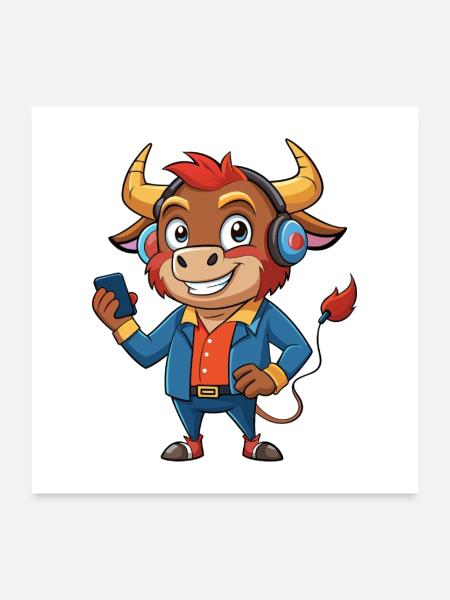 Bull Funny Cartoon Character Musique de casque - Poster 60 x 60 cm - blanc - Devant