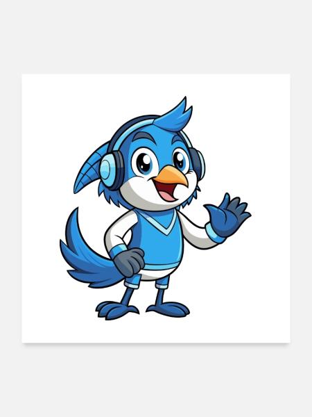 Blue Jay Lustige Cartoon Figur Kopfhörer Musik - Poster 60x60 cm - Weiß - Vorne