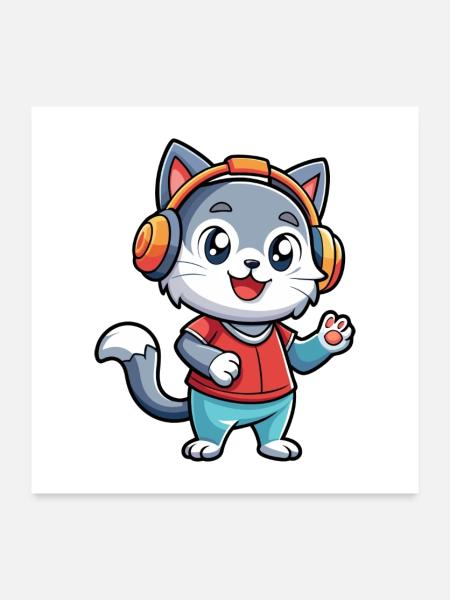 Katze Lustige Cartoon Figur Kopfhörer Musik - Poster 60x60 cm - Weiß - Vorne