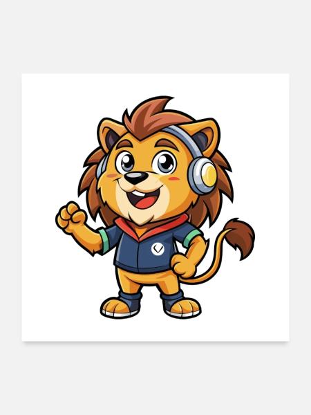 Lion Funny Cartoon Character Musique de casque - Poster 60 x 60 cm - blanc - Devant