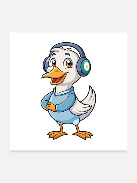 Goose Funny Cartoon Character Casque Musique - Poster 60 x 60 cm - blanc - Devant