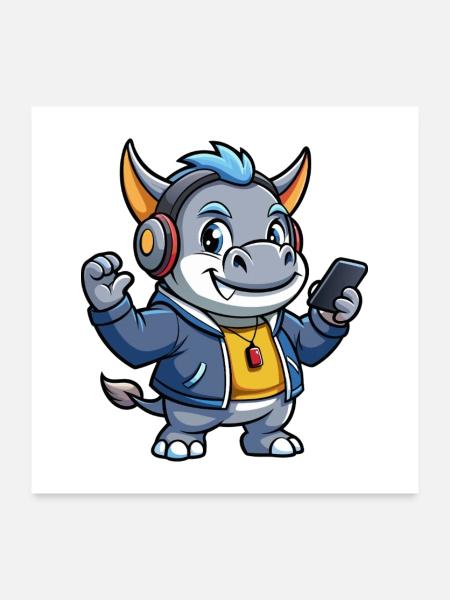 Rhino Lustige Zeichentrickfigur Kopfhörer Musik - Poster 60x60 cm - Weiß - Vorne