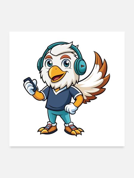 Eagle Funny Cartoon Character Musique de casque - Poster 60 x 60 cm - blanc - Devant