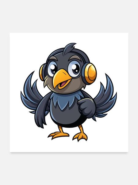 Crow Funny Cartoon Character Musique de casque - Poster 60 x 60 cm - blanc - Devant