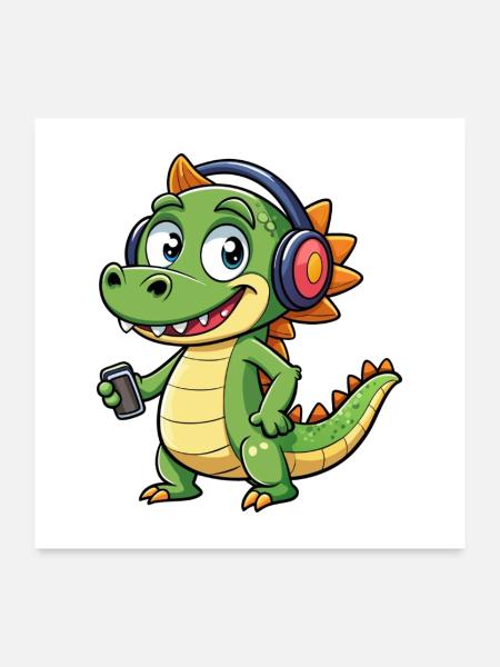Krokodil Lustige Zeichentrickfigur Kopfhörer Musik - Poster 60x60 cm - Weiß - Vorne
