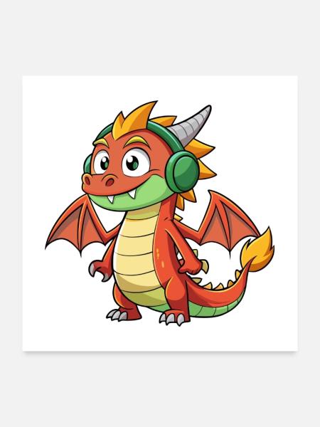 Dragon Funny Cartoon Character Musique de casque - Poster 60 x 60 cm - blanc - Devant
