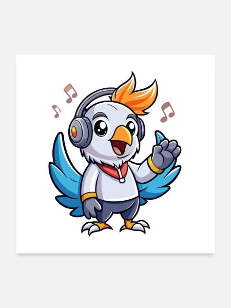 Kakadu Lustige Zeichentrickfigur Kopfhörer Musik - Poster 60x60 cm - Weiß - Vorne