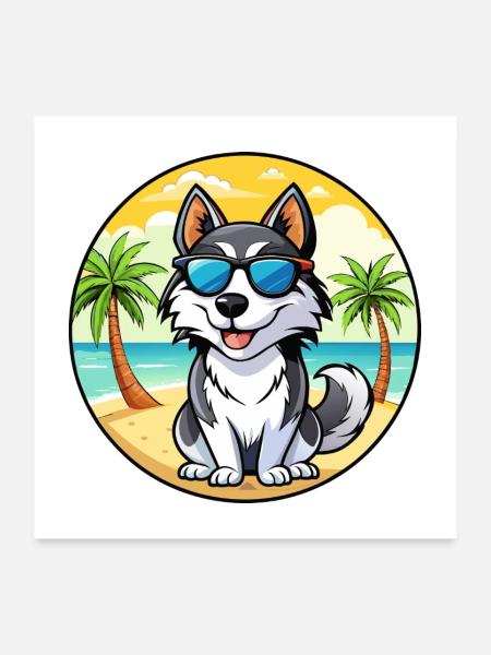 Siberian Husky Hunderasse Cartoon Sonnenbrille Strand - Poster 60x60 cm - Weiß - Vorne