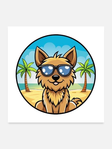 Silky Terrier Hund Rasse Cartoon Sonnenbrille Strand - Poster 60x60 cm - Weiß - Vorne