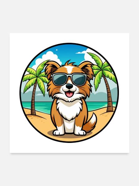 Tibetischer Spaniel Hund Rasse Cartoon Sonnenbrille Strand - Poster 60x60 cm - Weiß - Vorne