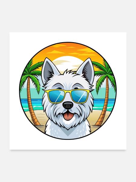 West Highland Terrier Hunderasse Cartoon Sonnenbrille - Poster 60x60 cm - Weiß - Vorne