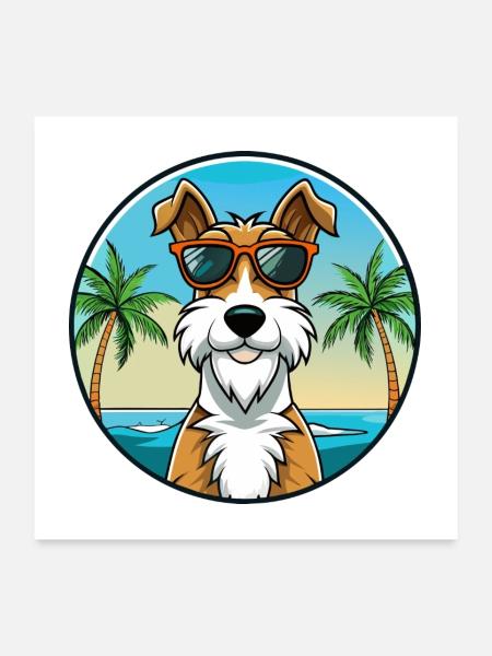 Draht Foxterrier Hunderasse Cartoon Sonnenbrille Strand - Poster 60x60 cm - Weiß - Vorne