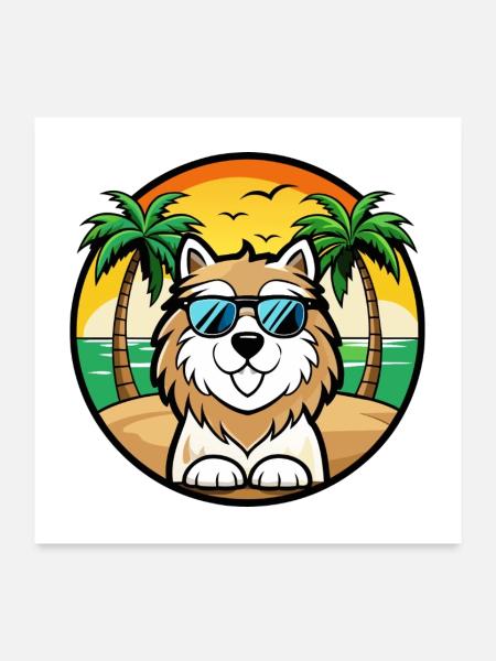 Welsh Sheepdog Rasse Cartoon Sonnenbrille Strand - Poster 60x60 cm - Weiß - Vorne