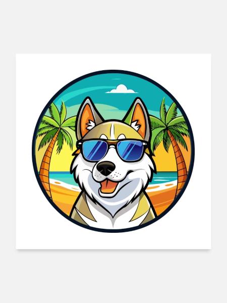 Russisch Europäischer Laika Hund Rasse Cartoon Strand - Poster 60x60 cm - Weiß - Vorne