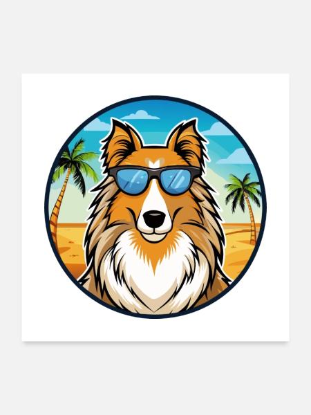 Rough Collie Chien Race Dessin Animé Lunettes De Soleil Plage - Poster 60 x 60 cm - blanc - Devant