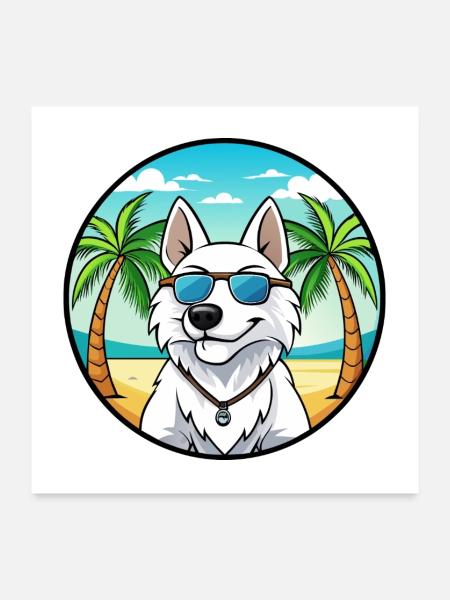White Shepherd Dog Breed Cartoon Sunglasses Beach - Poster 24" x 24" (60x60 cm) - white - Front