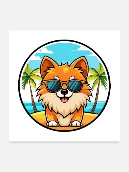 Pommerscher Deutscher Spitz Hunderasse Cartoon Beach - Poster 60x60 cm - Weiß - Vorne