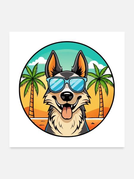 Nordamerikanischer Schäferhund Rasse Cartoon Beach - Poster 60x60 cm - Weiß - Vorne