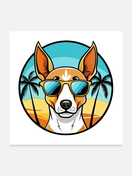Ibizan Hound Hund Rasse Cartoon Sonnenbrille Strand - Poster 60x60 cm - Weiß - Vorne