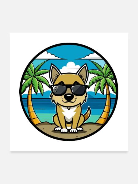 Nouvelle-Zélande Chien Race Dessin Animé Lunettes De Soleil Plage - Poster 60 x 60 cm - blanc - Devant