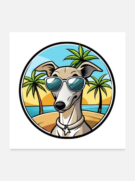 Lévrier italien race chien dessin animé lunettes de soleil plage - Poster 60 x 60 cm - blanc - Devant