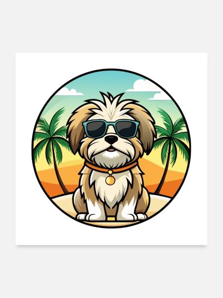 Malteser Shih Tzu Hund Rasse Cartoon Sonnenbrille Strand - Poster 60x60 cm - Weiß - Vorne