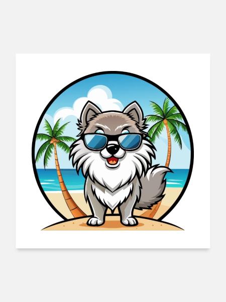 Keeshond Chien Race Dessin Animé Lunettes de Soleil Plage - Poster 60 x 60 cm - blanc - Devant