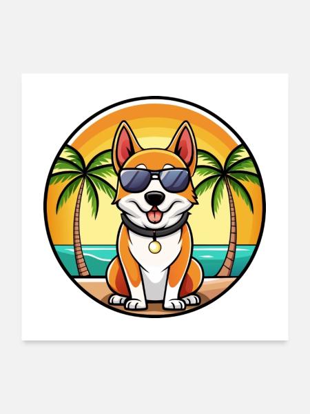 Japanischer Terrier Hund Rasse Cartoon Sonnenbrille Strand - Poster 60x60 cm - Weiß - Vorne