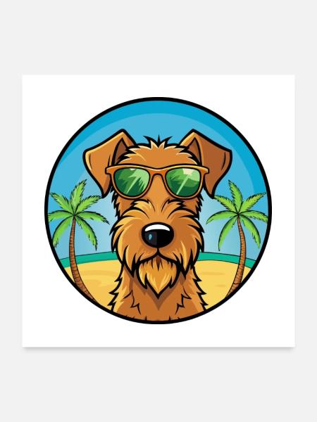 Irish Terrier Hunderasse Cartoon Sonnenbrille Strand - Poster 60x60 cm - Weiß - Vorne