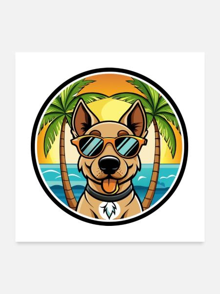 Deutscher Jagdterrier Hunderasse Cartoon Beach - Poster 60x60 cm - Weiß - Vorne