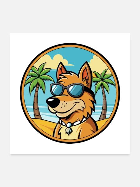 Friesischer Vorstehhund Rasse Cartoon Sonnenbrille Strand - Poster 60x60 cm - Weiß - Vorne