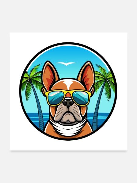 Bouledogue Français Race Dessin Animé Lunettes de Soleil Plage - Poster 60 x 60 cm - blanc - Devant