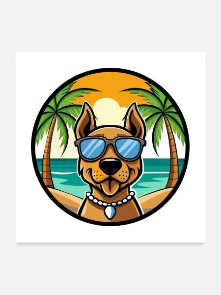 Finnischer Jagdhund Rasse Cartoon Sonnenbrille Strand - Poster 60x60 cm - Weiß - Vorne