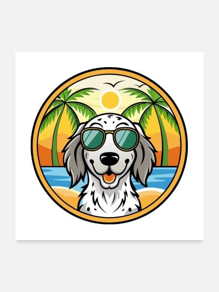 English Setter Hund Rasse Cartoon Sonnenbrille Strand - Poster 60x60 cm - Weiß - Vorne