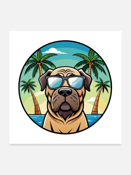 Mastiff anglais chien race dessin animé lunettes de soleil plage - Poster 60 x 60 cm - blanc - Devant