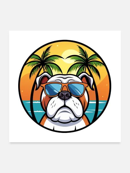 Bouledogue anglais race dessin animé lunettes de soleil plage - Poster 60 x 60 cm - blanc - Devant