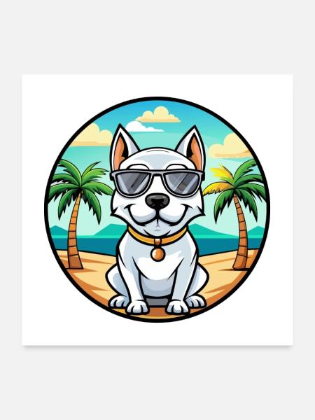 Dogue Argentino Chien Race Dessin Animé Lunettes De Soleil Plage - Poster 60 x 60 cm - blanc - Devant