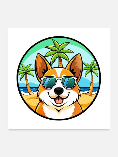 Corgi Hund Rasse Cartoon Sonnenbrille Strand - Poster 60x60 cm - Weiß - Vorne